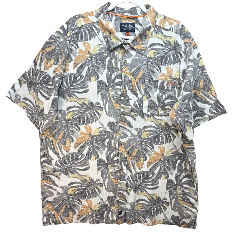 Salt Life Button Down Shirt Mens XXL 2XL Tropical Leaf Print Grey Tan Resortwear